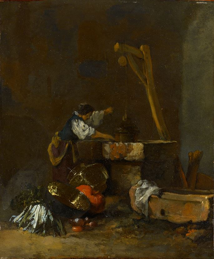 Willem Kalf - A Woman Pulling Water from a Well, a Pile of Vegetables at her Feet | MasterArt